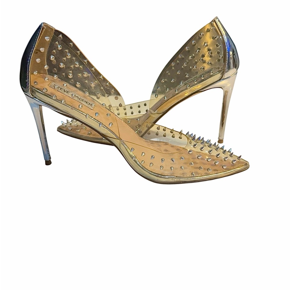 Steve Madden Vala Clear Silver Spiked Studded Pointed Toe Pumps Heels Size 8.5 - Picture 6 of 9